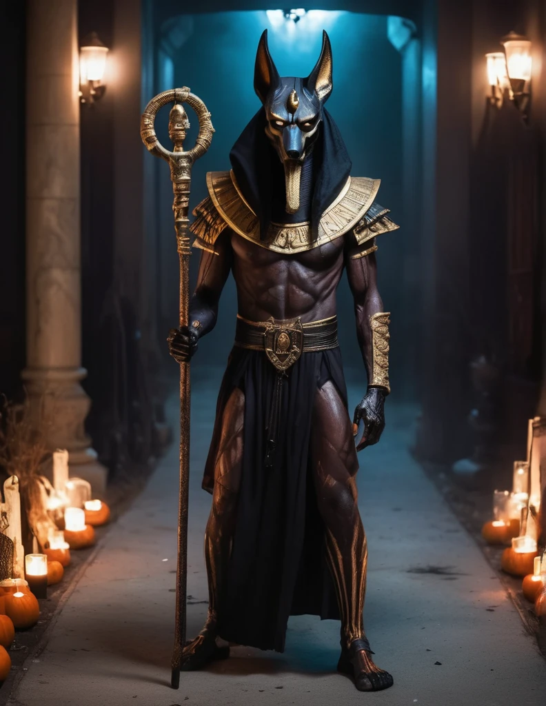 a man dressed as realistic zumbi Anubis halloween costume design, intimidating scary psychopathic man, anubis mask, dark energy, black costume, holding a staff, full body highly detailed, cinematic lighting, dramatic atmosphere party entrance, photorealistic, 8K, masterpiece