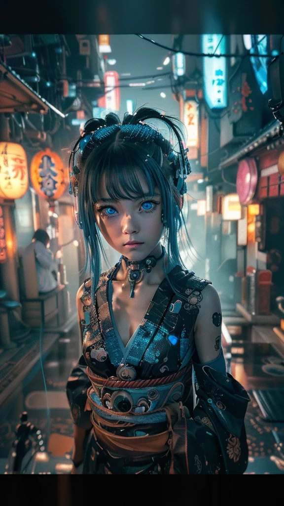 Ultra-detailed, master piece, best quality, high resolution,  detailed eyes, detailed face, (Neo Tokyo:1.5), (Cyberpunk:1.5), (Fusion with Machine:1.5), , very pretty and beautiful, girl with mysterious atmosphere, ghost,  in appearance, graceful in traditional Japanese costume and design, (beautiful light blue eyes:1.5), (light blue plasma around her:1.5), bio-mechanical, traditional Japanese room with elegance, long black hair, bangs, face, hands, design and (light blue plasma surrounds), biomechanical, Japanese traditional noble Japanese room, long black hair, bangs, face, hands, designs and decorations are detailed and clearly drawn, ultra realistic and realistic image with super high resolution