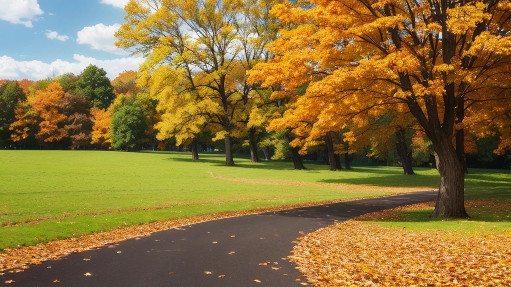 Autumn weather, trees, open field (spacious and natural place, open-air nature, with autumn weather), distant trees. Animation style, 2D anime scenery, in high definition.