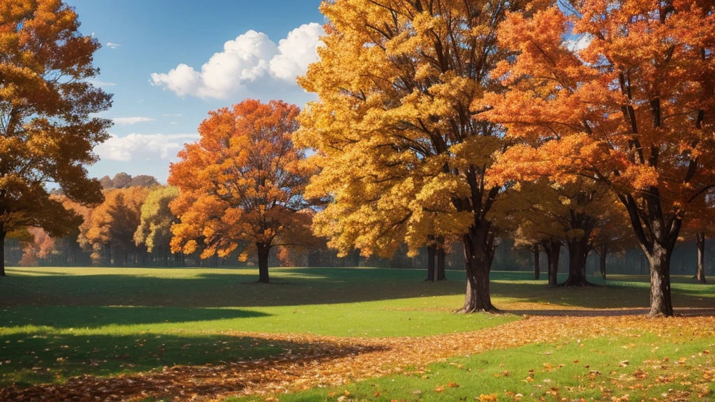 Autumn weather, trees, open field (spacious and natural place, open-air nature, with autumn weather), distant trees. Animation style, 2D anime scenery, in high definition.