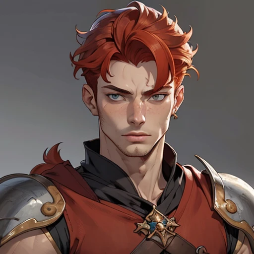 (masterpiece), (best quality),(portrait),(bust up),1boy,solo,(sharp focus),((look at viewer)),warrior,(redhead),grown,adult, (ancient:1),ancient luxurious long clothes,old school fantasy art,((simple background)),super shiny face,Ultra Glossy Skin,
