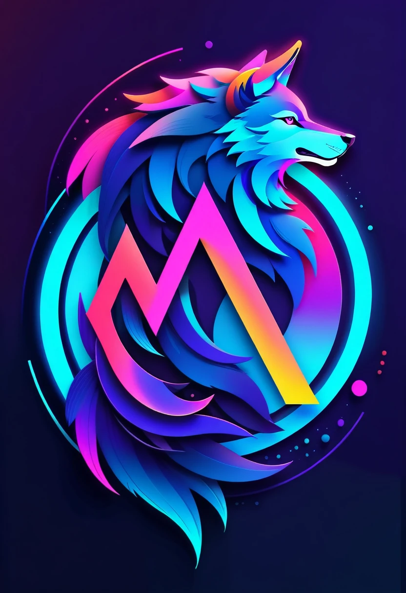 Craft a minimalist logo blending a wolf and the letter A, refined lines, modern and stylish design, neon-lit backdrop, bold and energetic ambiance, Artwork, digital painting with vivid colors and strong contrasts
