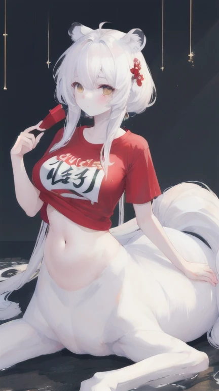 (best quality, masterpiece), 1 girl, centaur, It takes, White skin, Korean  , exposing the abdomen,belly button t-shirt, 아름다운 소녀 perfect white tiger photo, perfect white tiger photo