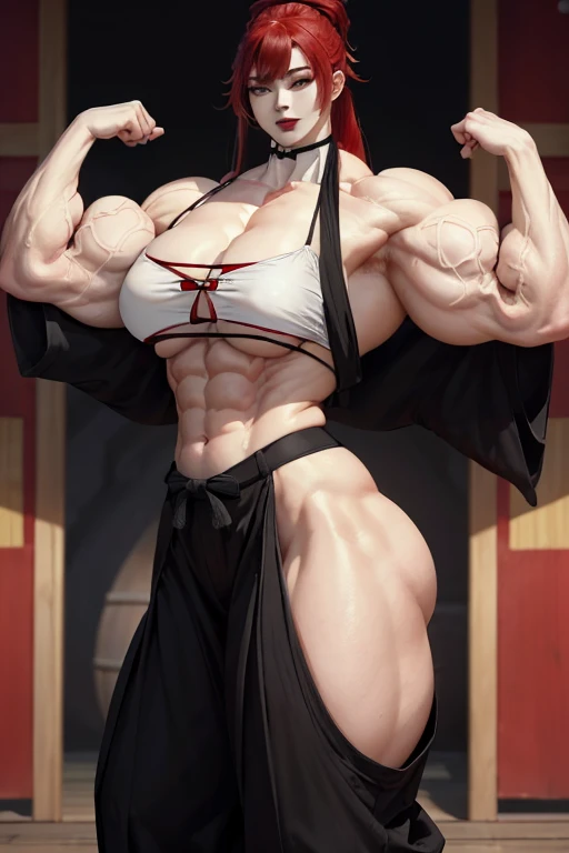 (((Massive tall, beautiful, buff, pale white skinned muscular asian woman with red hair, black lipstick, ginormous bulky muscles and wearing a black hakama pants and red haori))), ((close view)), massive muscles, long shaggy hair, sash belt, yellow eyes, choker, ((black hakama)), ((red haori)), sandals, (in the star filled beautiful village), closed smile, night, ginormous muscles