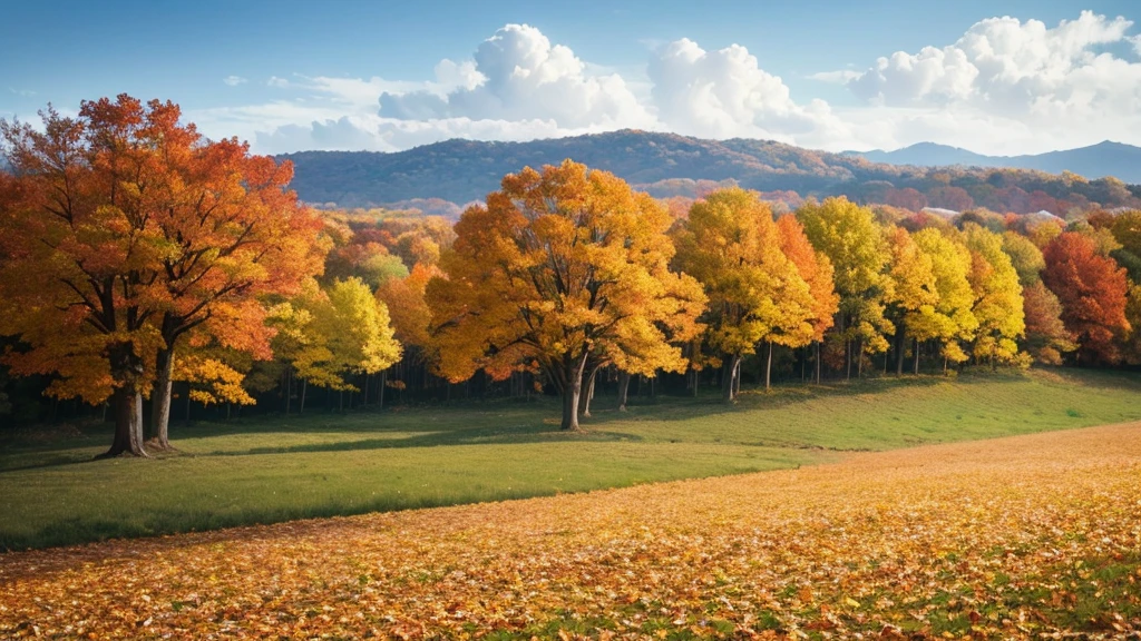 Autumn weather, trees, open field (spacious and natural place, open-air nature, with autumn weather), distant trees. Animation style, 2D anime scenery, in high definition.