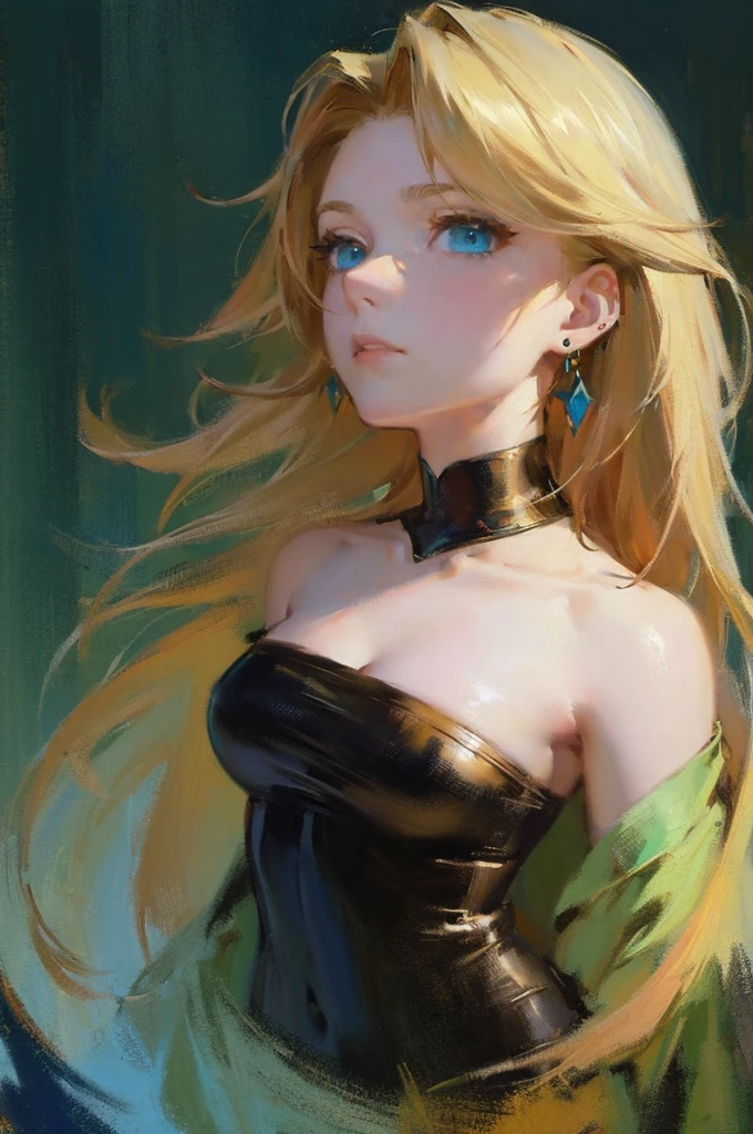 (top-quality、​masterpiece:1.2) 1woman, detailed portraiture art of a character, loose oil paint, thick pain, video game character art, female, black background background, stunning, perfect artwork, blonde hair, hair dyed green at the ends, blue eyes, earrings, sexy pose