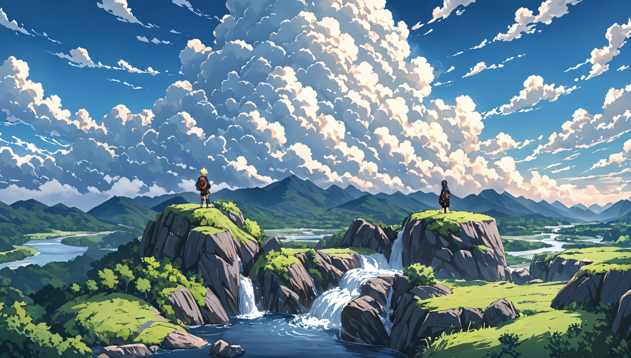 ((Anime: 1.4, Illustration)), (Masterpiece, Top Quality, Best Quality), (Ultra-Detailed, Absolutely Resolution), ((16k, HIGH RES)), ((Naruto)),  (Naruto's back as he stands on top of a rocky mountain. Naruto looks small and distant. Blue sky, cumulonimbus clouds, and a valley and river below the rocky mountain), ( Anime: 1.4, Illustration)), (Masterpiece, Top Quality, Best Quality), (Ultra-Detailed, Absolutely Resolution). Ak {Lofi Art, Style of Laurie Greasley, Style of Makoto Shinkai, Anime Aesthetic}, BREAK {(Produces IMAGES WITH ITH INFORMATION THAN 40 Million Pixels with Cinematic-Like Detailed Textures S Hot on a Sony slur).}