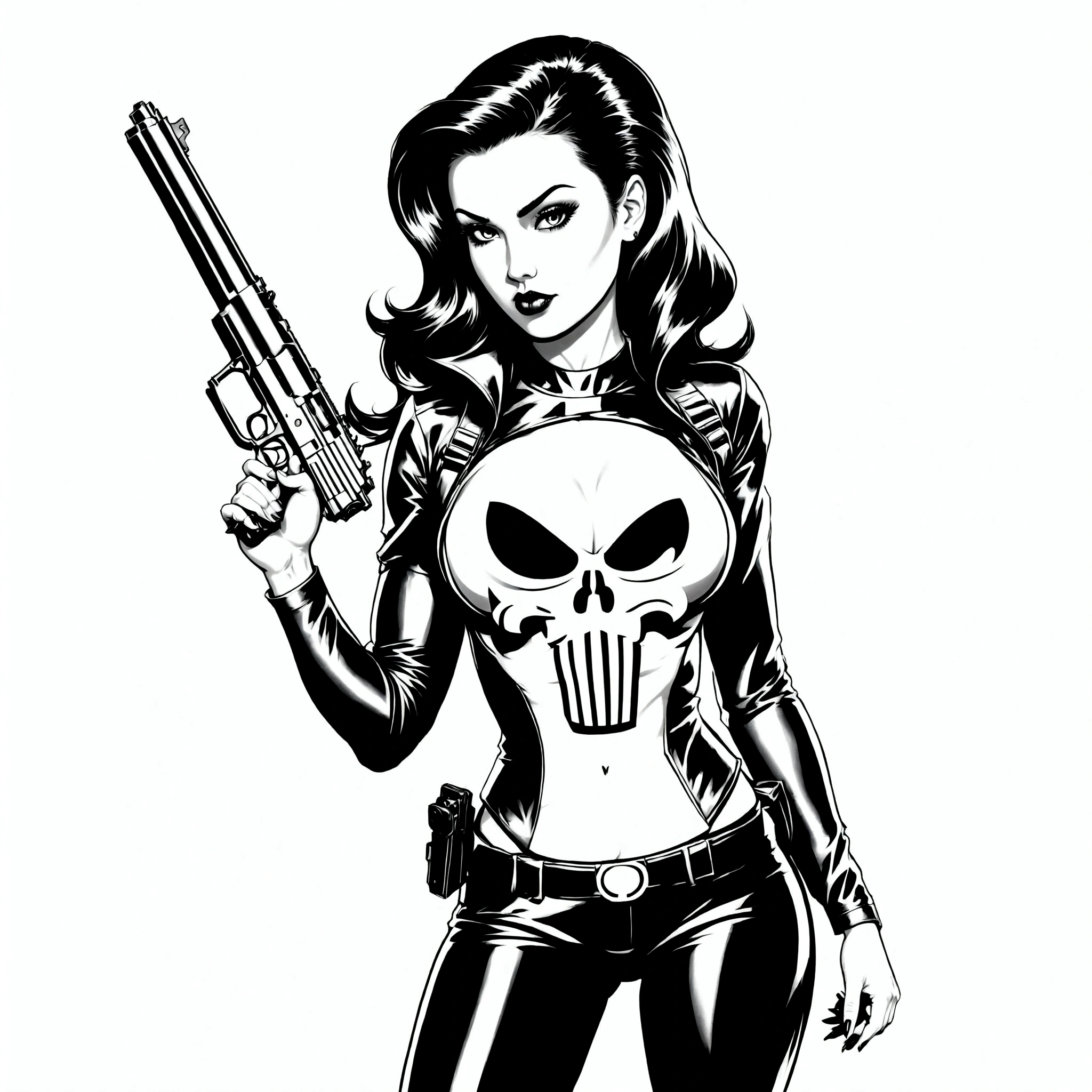 a black and white drawing of a woman holding a gun, punisher shirt, black and white vector art, by Mark Brooks, shohei otomo, inspired by José Comas Quesada, drawn in a neo - noir style, comic pinup style, by Eddie Mendoza, drawn in a noir style, inspired by Jim Steranko, female lead character