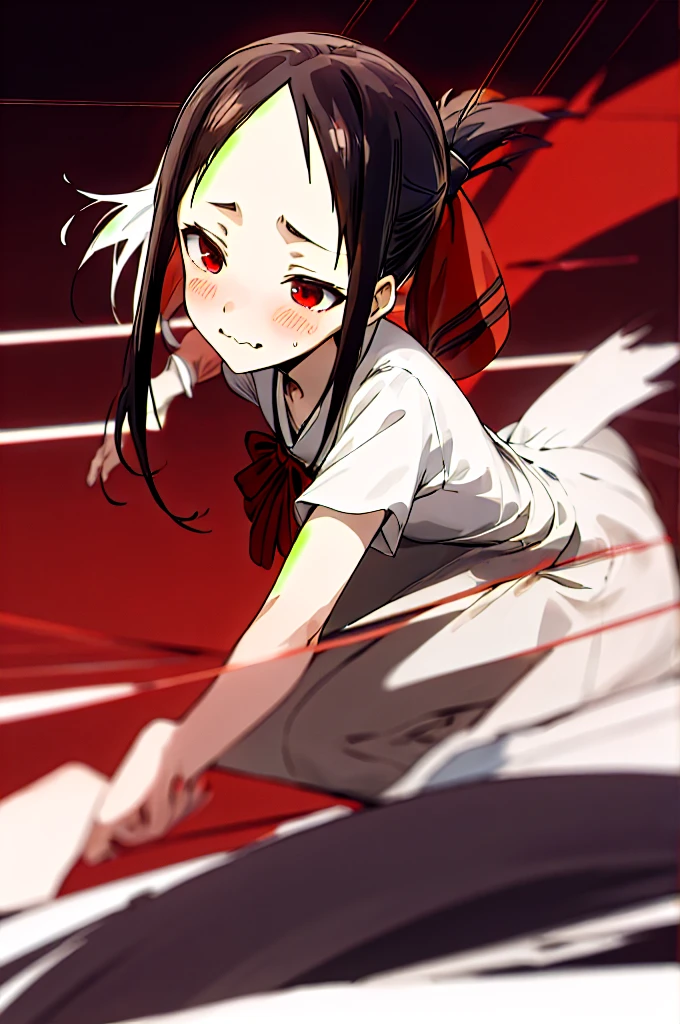 Shinomiya Kaguya,1 girl,Red eyes,wavy mouth,blush,Alone,ashamed,,black fur,hair band,parted hits,Red ribbon,folded ponytail,hits,emphasis lines,Side locks,Closed mouth,portrait,sweat,SMILE,looking to the side,White_bottom,dementia,Masterpiece,Best Quality,high resolution, big butt, backwards 