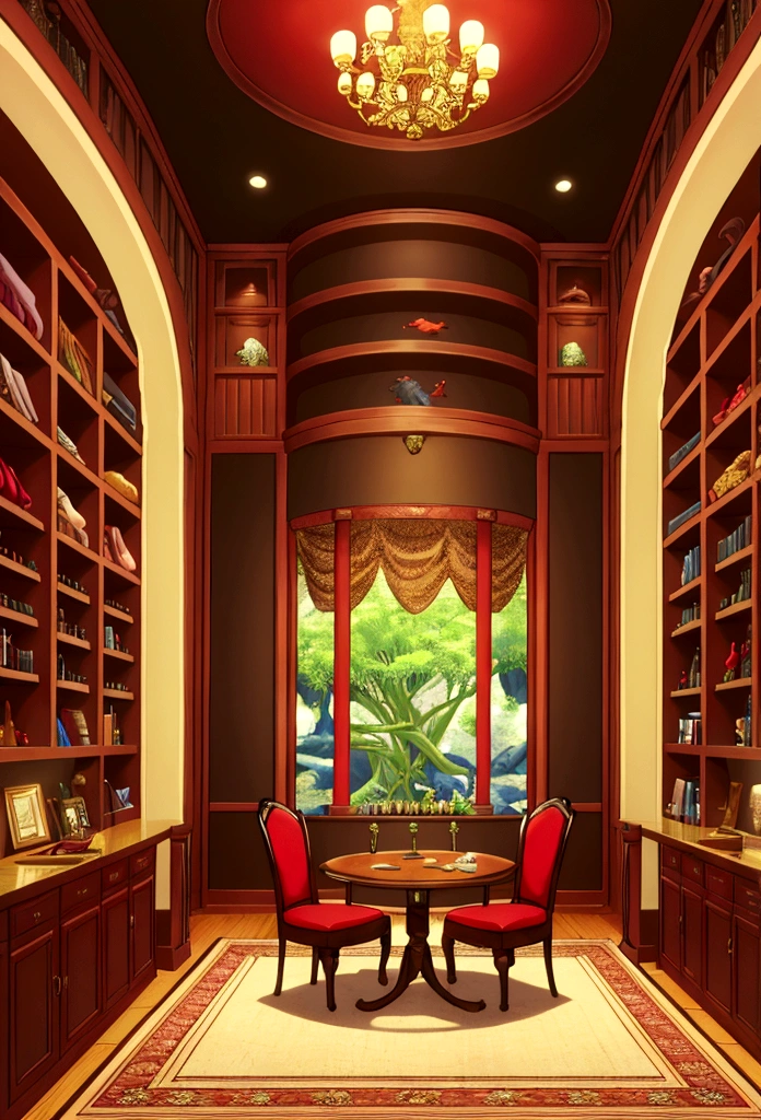 DESK, aquarium with crocodiles built into a wall almost to the ceiling on the left side, black leather sofa in front of the aquarium, wine red velvety rug, right side wall with two built-in bookshelves, minibar and cabinet with countertop to serve yourself, coat rack next to the entrance door, mesa de DESK de madeira ao fundo da sala de frente para a entrada, luxury chair behind the table
