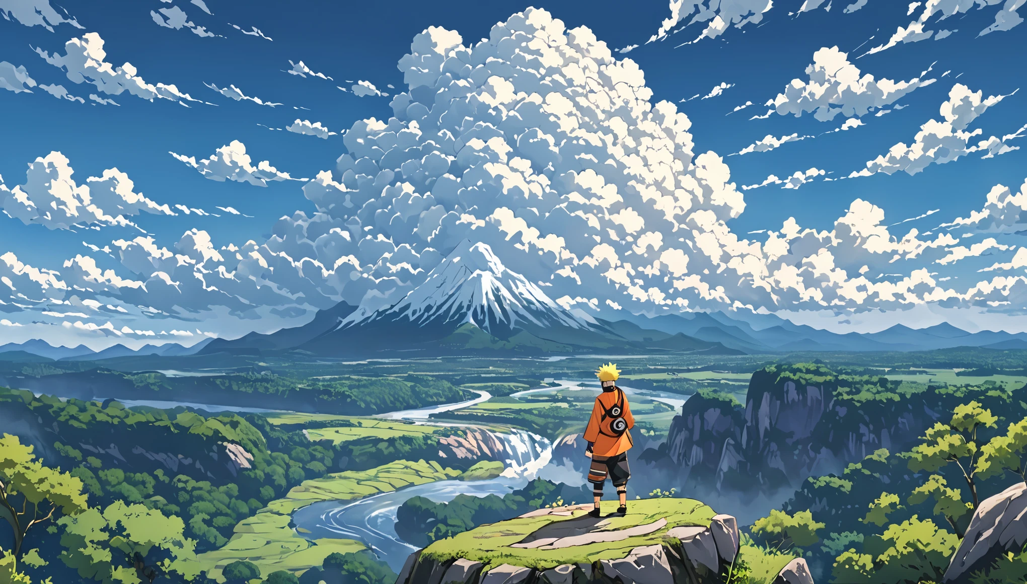 ((Anime: 1.4, Illustration)), (Masterpiece, Top Quality, Best Quality), (Ultra-Detailed, Absolutely Resolution), ((16k, HIGH RES)), ((Naruto)), (Naruto's back as he stands on top of a rocky mountain. Naruto looks small and distant. Blue sky, cumulonimbus clouds, and a valley and river below the rocky mountain), ( Anime: 1.4, Illustration)), (Masterpiece, Top Quality, Best Quality), (Ultra-Detailed, Absolutely Resolution). Ak {Lofi Art, Style of Laurie Greasley, Style of Makoto Shinkai, Anime Aesthetic}, BREAK {(Produces IMAGES WITH ITH INFORMATION THAN 40 Million Pixels with Cinematic-Like Detailed Textures S Hot on a Sony slur).}