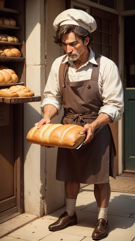 The Kind Baker: The baker giving the beggar a loaf of bread.