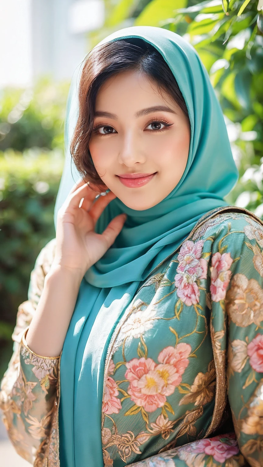 A 30-year-old Malaysian woman stands in a lush, vibrant tropical garden filled with rich greenery and bright, colorful flowers. She has a perfect body, glossy lips, and striking big eyelashes emphasized with eyeliner, and double eyelids. Her hijab is uniquely styled with intricate, flowing layers and delicate embroidery, featuring geometric patterns in soft pastel colors, and accessorized with a chic brooch.
Wearing a modern chic outfit, she smiles softly and looks to the side while gently touching her hijab with both hands. The lighting is detailed, highlighting the textures and colors, creating an ultra-realistic and captivating effect. Subtle elements of surrealism, such as softly glowing flowers and a gentle, ethereal light around her, add a magical and whimsical touch to the scene.