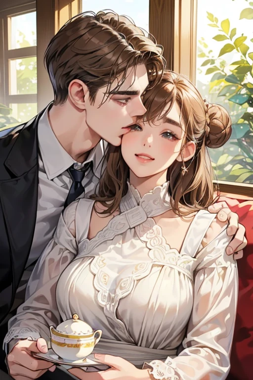 (table top, digital illustration, 4k, 8k, Super detailed, beautiful images, clear image, perfect face, perfect lines, perfect eyes, soft lighting) 1 female, (light brown hair,bun hair,innocent look,droopy eyebrows,droopy eyes、With a round face,round chin、innocence,cute,Big eyes,natural makeup,smile gently,E cup,23 years old:1.3),Two handsome men in suits, (human,man in suit,muscular,solid shoulder width, boyish hairstyle,A man in his 30s with a cool expression,28 year old man with a bright smile:1.2),garden full of light、lots of flowers、Squirting、colorful flower light,(embarrassing,shy smile:1.2),resort sofa,kiss、カップルkiss、romance porn、couple of man and woman looking at each other、In battle、Afternoon tea、lunch