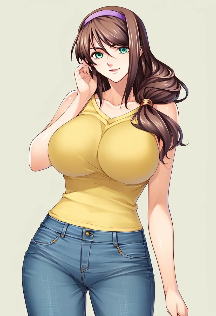 score_9, score_8_up, score_7_up, 
1girl, natsume sayoko, green eyes, brown hair, long hair, low-tied long hair, hairband, mature female, hair over shoulder,
large breasts,
smile, looking at viewer, official_art,
yellow t-shirt, sleeveless, jeans, 
white background,