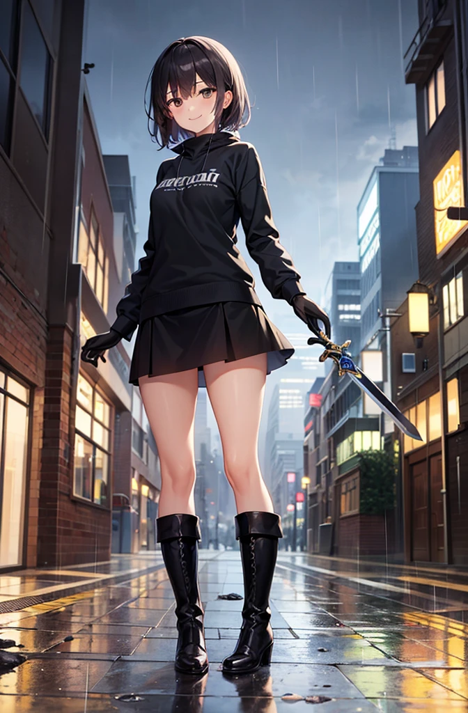 girl, rain, black sweatshirt, short black skirt, (long sword in right hand), smile, black boots, black knuckleless gloves, abandoned city at night