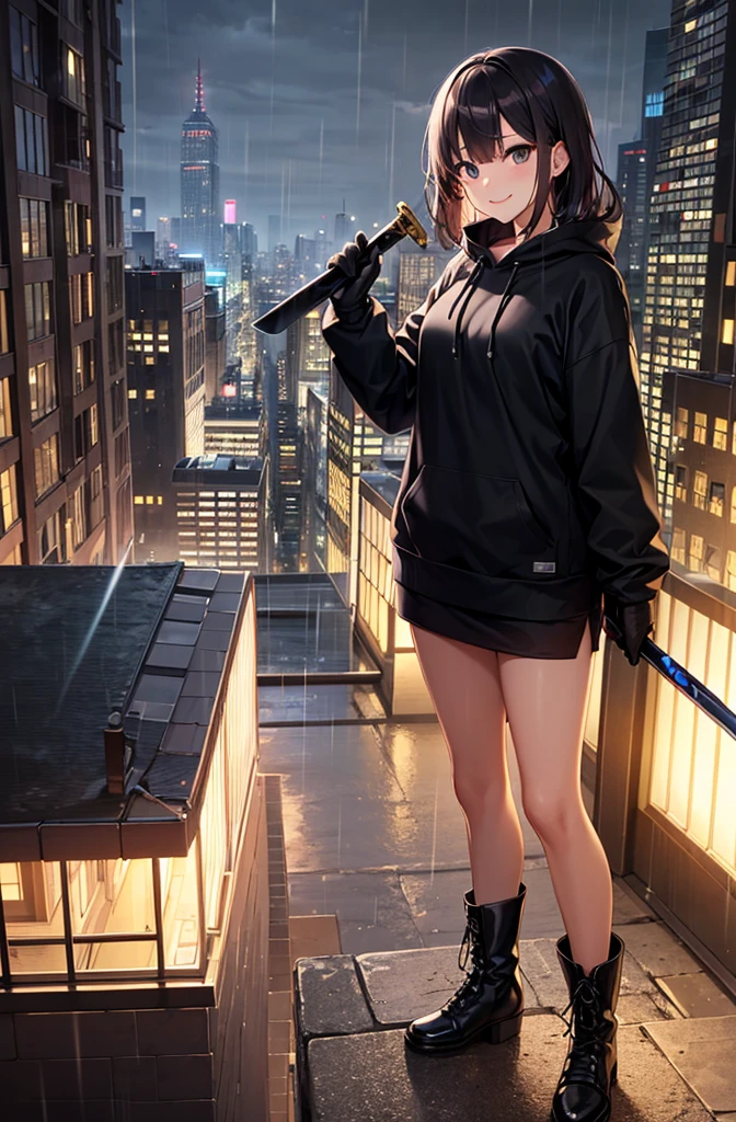 girl, rain, black sweatshirt, short black skirt, (long sword in right hand), smile, black boots, black knuckleless gloves, abandoned city at night