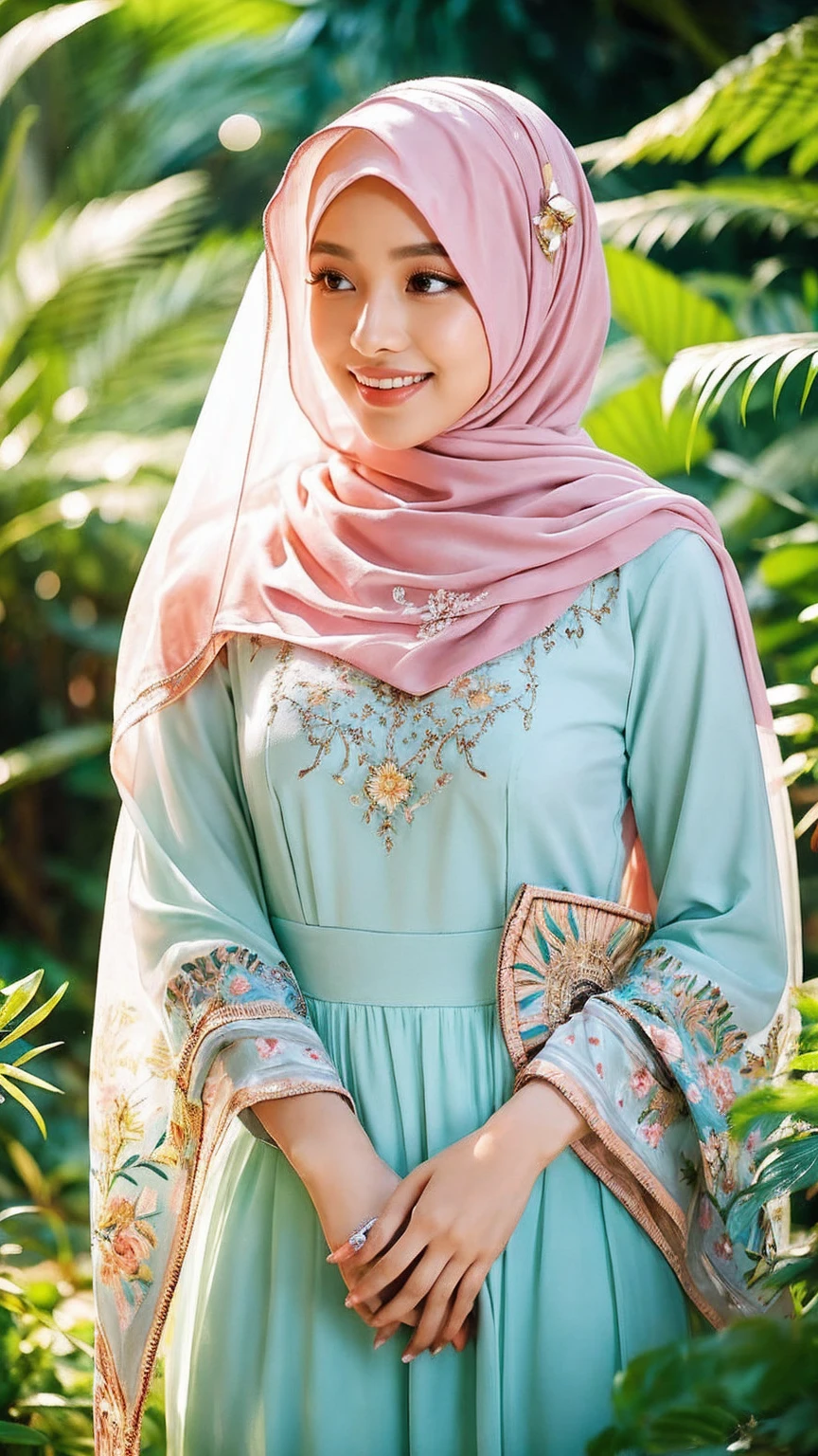 A 30-year-old Malaysian woman stands gracefully in a lush tropical garden brimming with vibrant greenery and colorful flowers. She has a perfect figure, glossy lips, and prominent big eyelashes accentuated by eyeliner and double eyelids. Her hijab is uniquely styled with intricate layers and delicate embroidery, featuring geometric patterns in pastel hues and accessorized with an elegant brooch.

Dressed in a modern chic ensemble, she smiles softly, gazing to the side while gently touching her hijab with both hands. The detailed lighting enhances the rich textures and vivid colors, creating a highly realistic and captivating effect. Subtle surreal elements, such as ethereal light beams and a slight glow around her, infuse the scene with a touch of enchantment and whimsy.