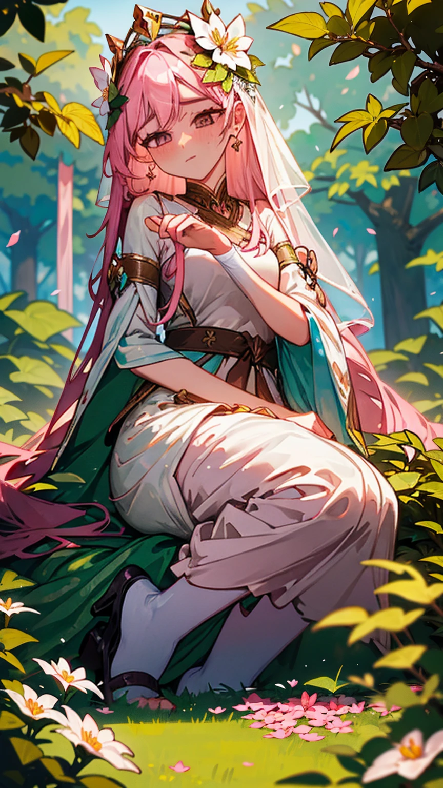 Amidst a tranquil botanical garden, the Giantess Goddess with rose pink skin and pearl white eyes strolls among the blooming flowers. Her hair, a cascade of pink petals, trails behind her like a fragrant veil. Visitors pause in their exploration, watching in wonder as she gracefully kneels to inspect a delicate blossom. A small group of admirers unaware of her presence until she gently lifts them from the path. They squirm and call out, their voices lost in the rustling leaves as she studies them with gentle curiosity, each tiny life a fleeting marvel.

