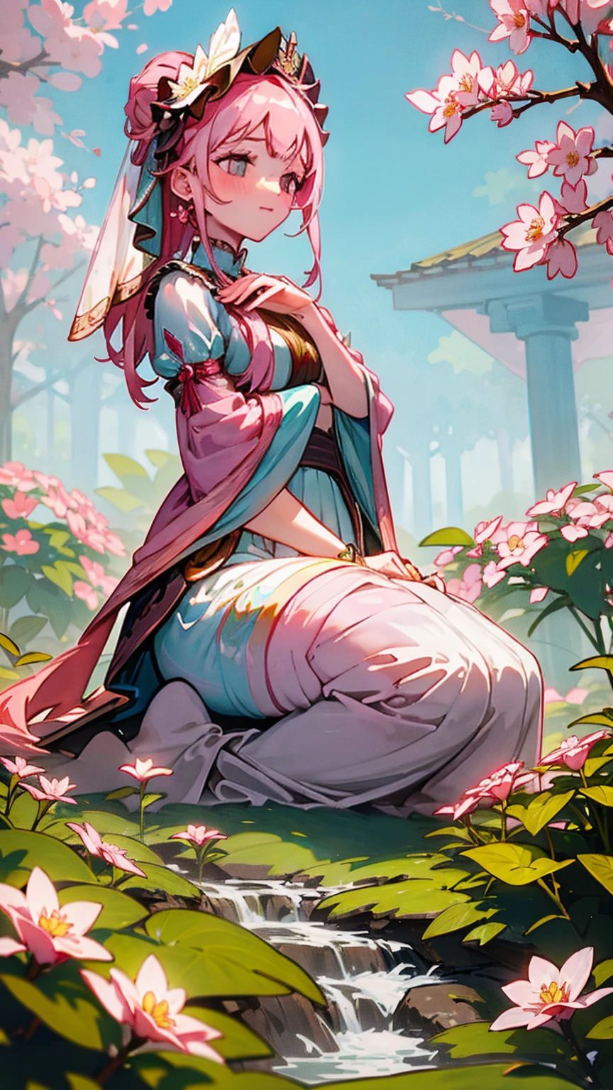 Amidst a tranquil botanical garden, the Giantess Goddess with rose pink skin and pearl white eyes strolls among the blooming flowers. Her hair, a cascade of pink petals, trails behind her like a fragrant veil. Visitors pause in their exploration, watching in wonder as she gracefully kneels to inspect a delicate blossom. A small group of admirers unaware of her presence until she gently lifts them from the path. They squirm and call out, their voices lost in the rustling leaves as she studies them with gentle curiosity, each tiny life a fleeting marvel.