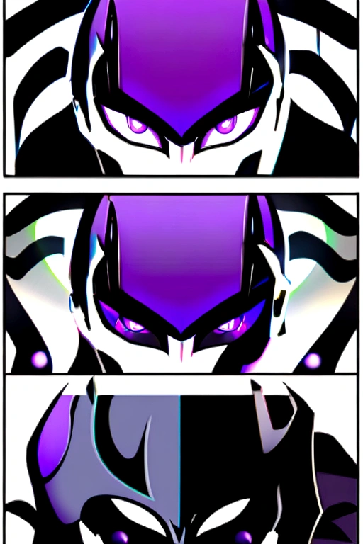 anime drawing style of a purple haired effeminate boy with a mask that only covers the upper part of his face such as his forehead and eyes and the eyes have a white colored glass so they cannot be seen, the mask being black and the boy does not have a mouth, Instead he has two small holes in each cheek and inside the holes he is purple with armor and under the armor he has a dark gray cloth suit.