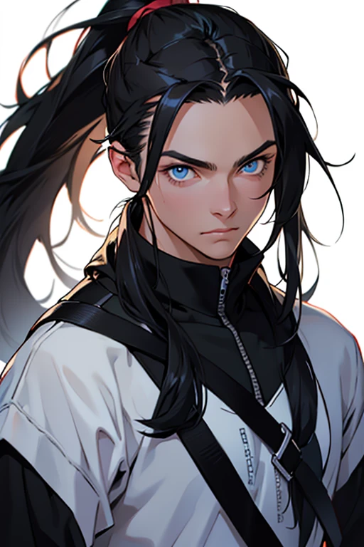 young, male, white, straight hair, black hair, ponytail, blue eyes, casual clothes, black hair, long hair, 8k, super detail, accurate, best quality, high details, high quality, anatomically correct, masterpiece