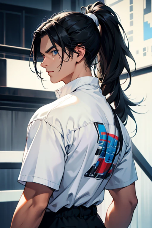 young, male, white, straight hair, black hair, ponytail, blue eyes, casual clothes, black hair, long hair, 8k, super detail, accurate, best quality, high details, high quality, anatomically correct, masterpiece