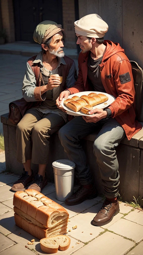 Sharing: The beggar sharing half of his bread with another hungry beggar.