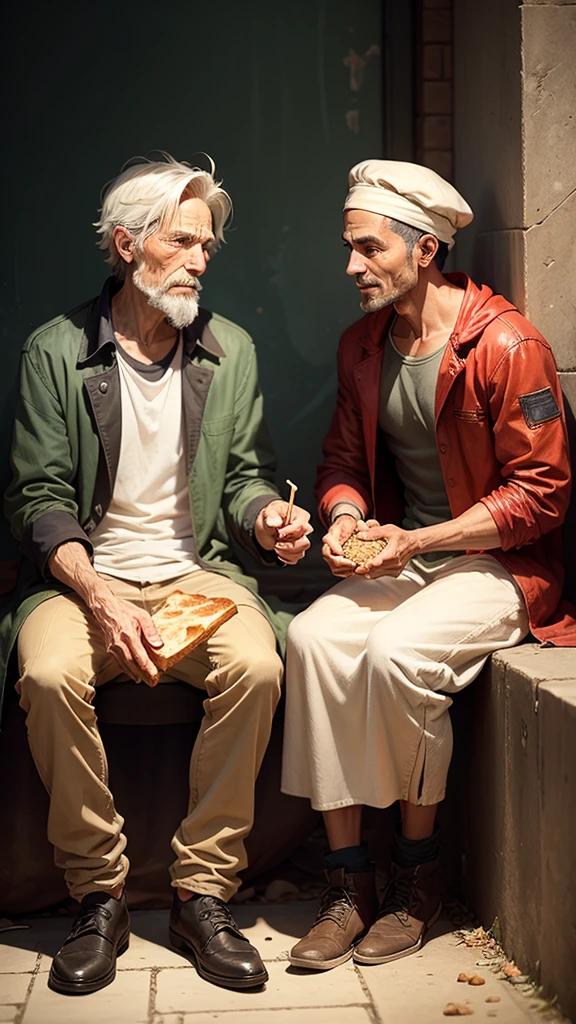 Sharing: The beggar sharing half of his bread with another hungry beggar.