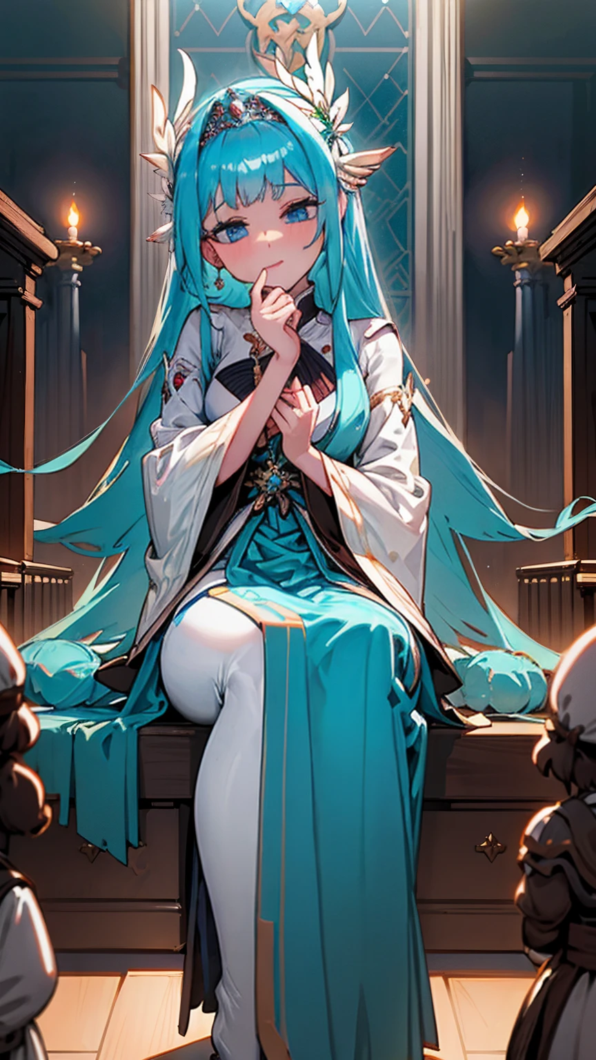 Within the walls of a grand library, the Giantess Goddess with ivory white skin and azure blue eyes navigates the rows of towering shelves. Her hair, a cascade of silver scrolls, seems to shimmer in the muted light. Scholars and readers hush as her immense form passes by, their attention caught only when she pauses to inspect a rare manuscript. Unseen until her gentle fingers delicately pluck them from their seats, they gasp in awe, their voices barely heard as she brings them close to her face, curiosity gleaming in her eyes before setting them down gently.