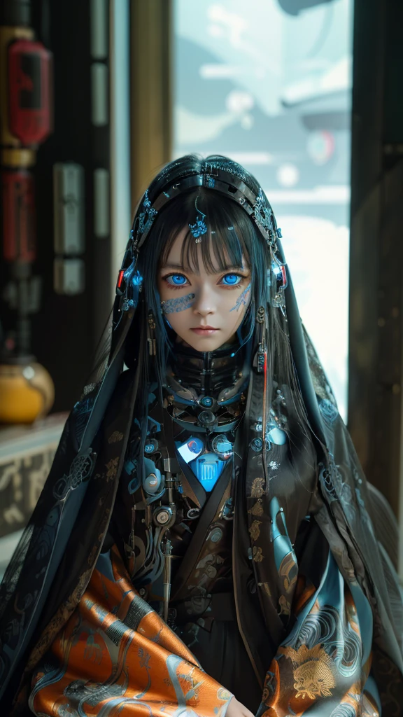 Ultra-detailed, master piece, best quality, high resolution,  detailed eyes, detailed face, (Neo Tokyo:1.5), (Cyberpunk:1.5), (Fusion with Machine:1.5), 12 years old, very pretty and beautiful, girl with mysterious atmosphere, ghost,  in appearance, graceful in traditional Japanese costume and design, (beautiful light blue eyes:1.5), (light blue plasma around her:1.5), bio-mechanical, traditional Japanese room with elegance, long black hair, bangs, face, hands, design and (light blue plasma surrounds), biomechanical, Japanese traditional noble Japanese room, long black hair, bangs, face, hands, designs and decorations are detailed and clearly drawn, ultra realistic and realistic image with super high resolution