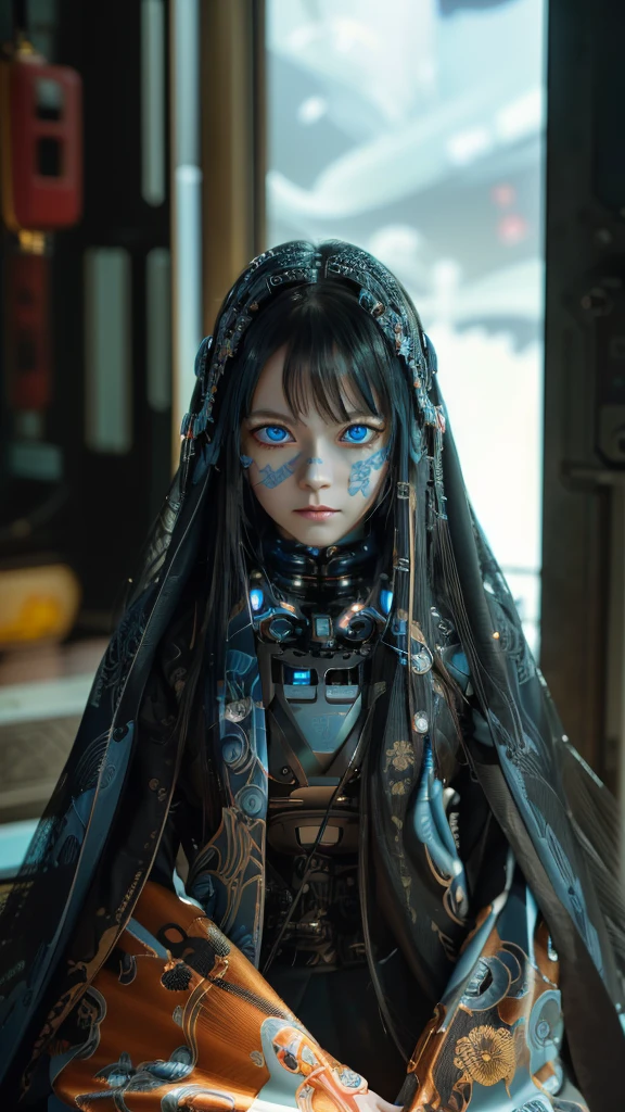 Ultra-detailed, master piece, best quality, high resolution,  detailed eyes, detailed face, (Neo Tokyo:1.5), (Cyberpunk:1.5), (Fusion with Machine:1.5), ************, very pretty and beautiful, girl with mysterious atmosphere, ghost,  in appearance, graceful in traditional Japanese costume and design, (beautiful light blue eyes:1.5), (light blue plasma around her:1.5), bio-mechanical, traditional Japanese room with elegance, long black hair, bangs, face, hands, design and (light blue plasma surrounds), biomechanical, Japanese traditional noble Japanese room, long black hair, bangs, face, hands, designs and decorations are detailed and clearly drawn, ultra realistic and realistic image with super high resolution