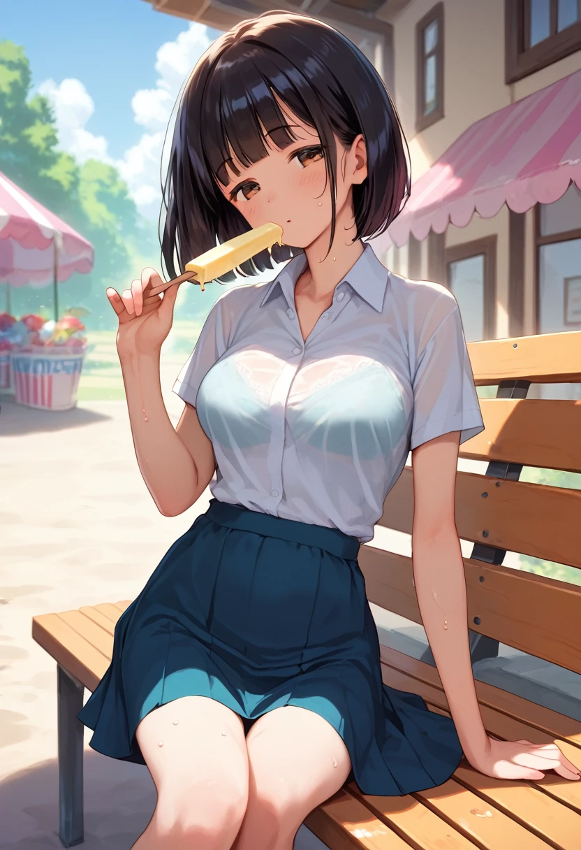 score_9,score_8_up,score_7_up,masterpiece,best quality, source anime, realistic, super detailed, extreme detailed, rating_safe,
1girl, sitting, on bench, (popsicle),
BREAK girl, 22yo, short hair, bob cut, (blunt bangs), black hair, (tareme, detailed cute brown eyes), curled eyelashes, (large breasts:0.9),
shiny hair, beautiful detailed eyes, beautiful face,
slender, small ass, slim legs,
white collared shirt, (sweat:1.2), (see through:1.1), black tight mini skirt, pumps,
blush, half-closed eyes,
outdoors, country town, candy store, summer, blazing sun, shade, during a break from outside sales