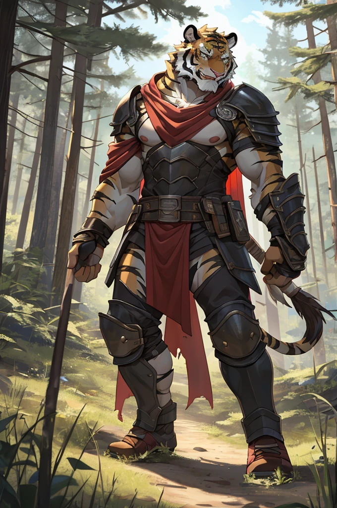 Tiger,Young Adults,Strong,handsome,warrior,Sexy body,Golden fur,Huge penis,Bare chest and abdomen,Bare legs,unarmed,Very cool to wear,Revealing clothing,毛茸茸的Tiger爪,Extremely revealing clothing(Scapula,Armor knee pads,Red torn shawl,No pants),expression(vigilante,Gnashing of teeth),action(Standing,vigilante),Alone,angry,Challenge the camera character to a duel,environment(Clearing in open forest,There are sparse low weeds around,There are pine trees in the distance),good-looking,masterpiece,Very detailed,best quality.Not revealing enough,Please continue to modify