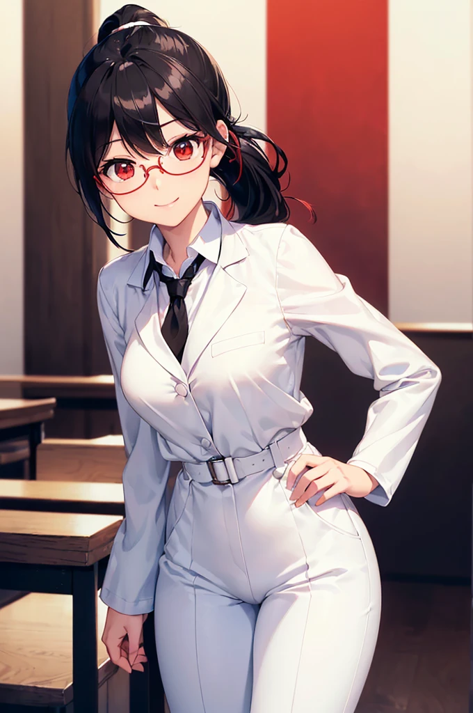 (masterpiece; best quality: 1.2), (finely detailed eyes: 1.3), ((25 year old woman)), ((solo)), (red eyes: 1.4), (body; gorgeous, lithe, femenine: 1.3), (black hair in low-ponytail: 1.3), (beautiful and clear background: 1.2), ((depth of field)), (equipment: white unbuttoned labcoat + black shirt + white tie + white pants + black square glasses: 1.3), (anime illustration: 1.2), (background composition; japanese highschool classroom + furniture: 1.1), (extremely fine and beautiful: 1.1), (shot composition; standing + centered on torso + close-up: 1.5), (expression; calm, smile: 1.2)