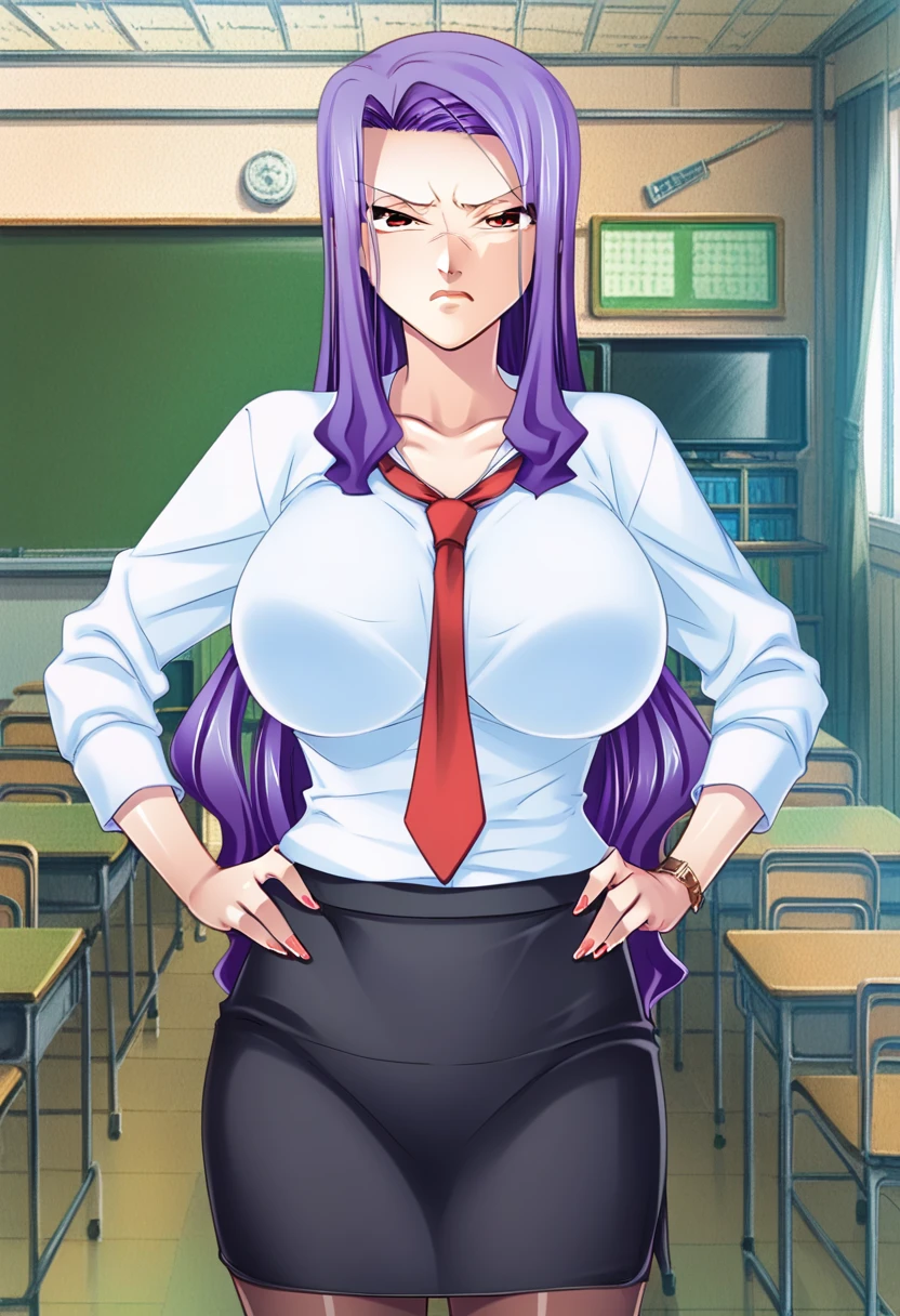 score_9, score_8_up, score_7_up, 
1girl, fuyuno reiko, purple hair, long hair, red eyes, mature female,
large breasts, standing, classroom, frown, narrowed eyes, looking at viewer,
white shirt, long sleeves, hands on hips, red necktie, black skirt, pencil skirt, pantyhose,