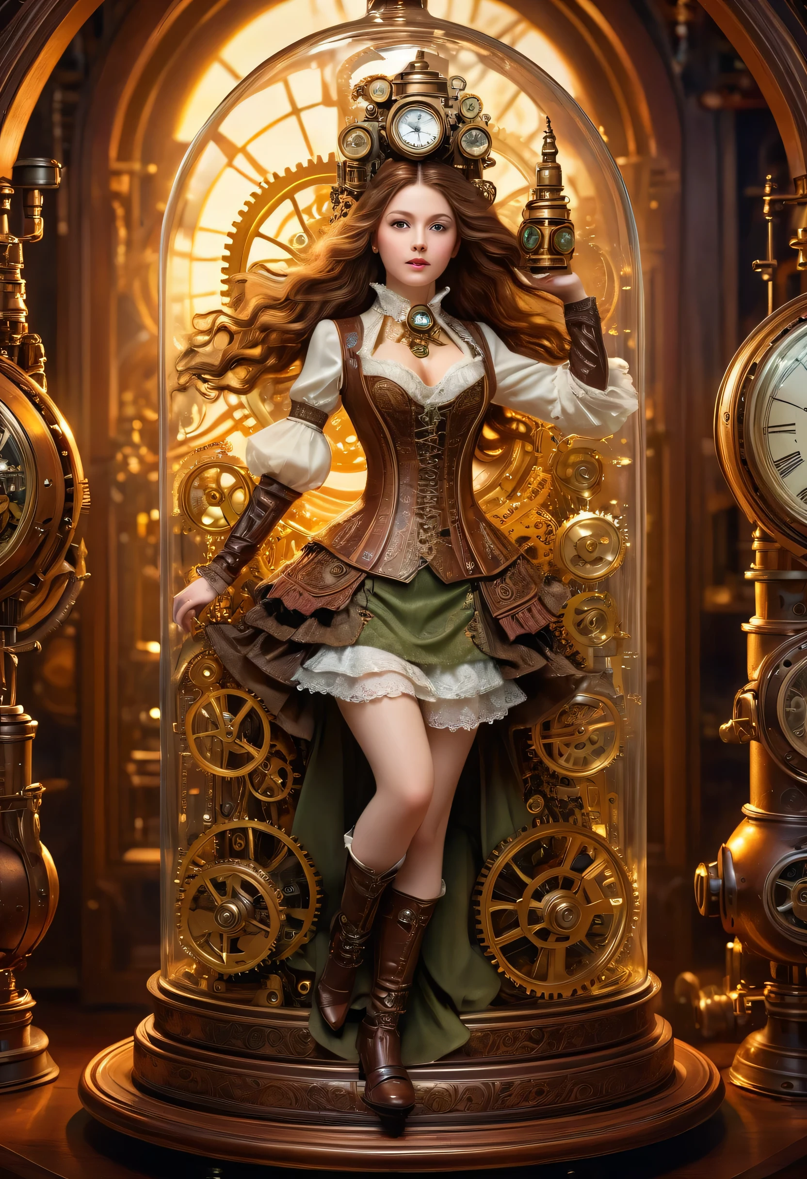 A mechanical girl inside a bottle, detailed mechanical parts, intricate gears and gears, Delicate mechanisms, charming facial features, elaborate costumes, Atmosfera vintage, soft lighting, magically suspended in the air, antique glass display, steampunk style, whimsical and fantastic, vibrant color tones, fine craftsmanship, Ilustrações em high resolution, Masterful attention to detail, ethereal and supernatural, intricate clock mechanism, dynamic pose, captivating eyes, Porcelain Skin, Long flowing hair, exuding a sense of mystery and elegance. (best qualityer, 4K, high resolution, work of art:1.2), ultra detali, photorrealistic:1.37, hdr, studio lighting, bokeh.