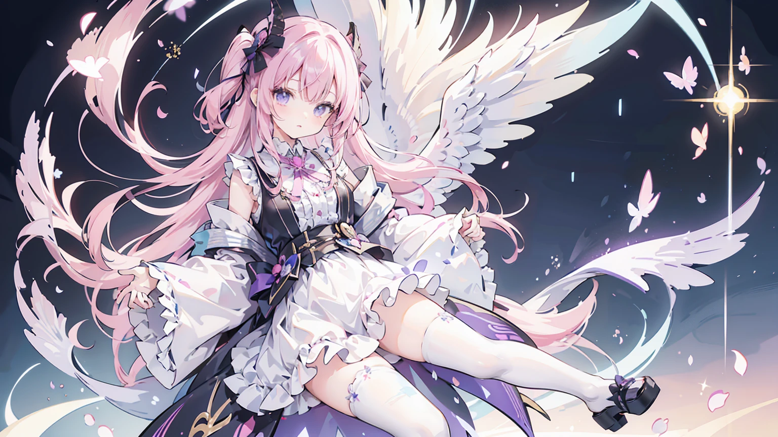 ( high quality , Super detailed, Watch your hands )This character is a beautifully designed anime-like character with delicate features. She has long, pastel pink hair that flows down to her ankles, with bangs swept to the side. Her eyes are large and expressive, with pink irises, which are commonly seen in anime-style characters. She is wearing a fantasy-inspired outfit that combines purple and black colors with gold accents. The outfit includes a form-fitting bodice with a high collar, frills, lace details, and thigh-high stockings with ribbon lacing. The character is adorned with ribbon-like accessories, such as a large bow in her hair and smaller bows on her outfit. She also has gold chains hanging from her waist and thigh. Her pose is playful, with one leg lifted slightly and a finger held to her lips, suggesting a secret or silence. Additionally, she has two elaborate wings, possibly mechanical or magical in nature, with multiple segments and a circular design near the base. The character is depicted in a vibrant scene with flowers matching her hair color, patches of grass, and a gemstone on the ground, creating a whimsical and otherworldly atmosphere.Chibi Character,Hands are hidden in sleeves