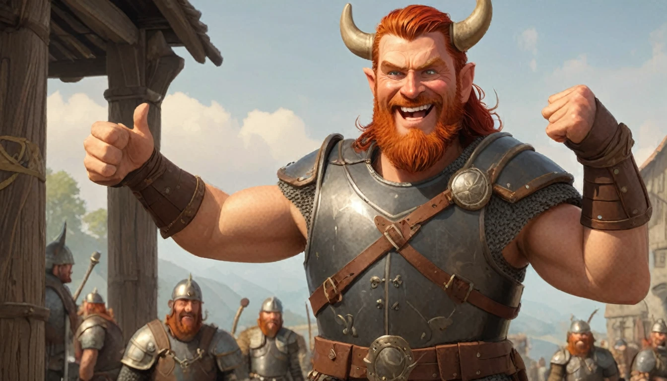 Ingólfr Einarr is a cheerful, outgoing, muscular and attractive 40-year-old red-haired Viking man, who wears his imposing medieval armor. On the character sheet we see 5 variations of Ingólfr in the following positions: 1. saluting, 2. with thumbs up, 3. celebrating while holding a beer, 4. with ax in hand, 5. with hands up. Ingólf is extroverted and happy with different facial and body expressions. presenter type images in medium shot. hyper detailed and super realistic. cartoon style