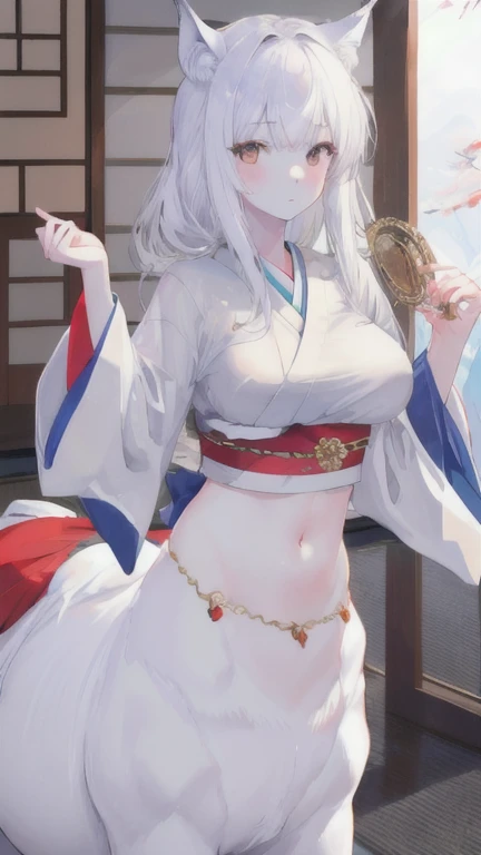 (best quality, masterpiece), 1 girl, centaur, It takes, White skin, Japanese  , exposing the abdomen,belly button t-shirt, beautiful girl perfect wolf photo, perfect wolf photo