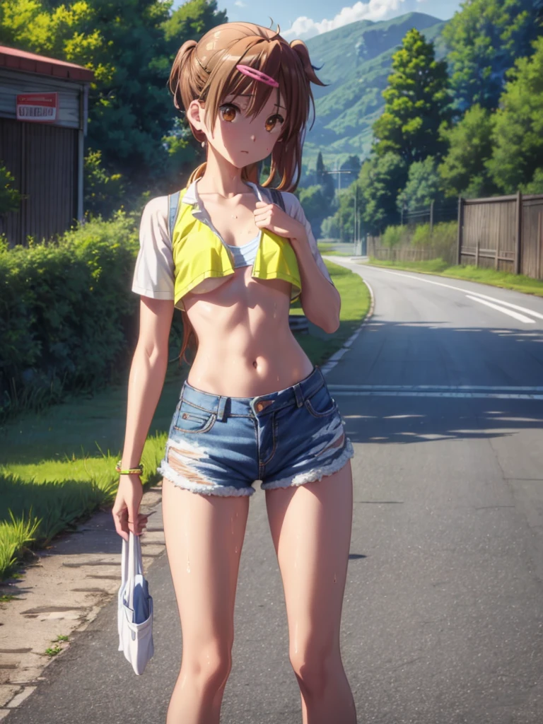 Girl, short blue jeans short, Unbuttoned safety Reflective vest on a naked body , You can see her breasts, Road works background , openlegs, Bare chest, small breast, slim body, slim legs, wet body, Sneakers