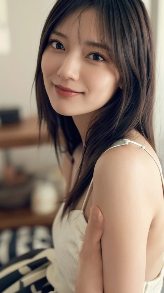 (((smile、Focus on the eyes:1.1、Extremely detailed:1.22、Ultra-high resolution、masterpiece:1.45、Highest quality)))、((((Whole body expression:1.68、camisole、Leaning forward、One person))))、long, straight black hair、So that every single hair is clearly visible、The subtle color changes of hair depending on how the light hits it、 Skin has a natural glow、Fine skin texture、Representing the fine details of pores:1.25、Details of the light redness on the forehead and cheeks、(((Eyes with fine iris details、The eyes depict color gradations and patterns.、Long, natural-looking eyelashes, each and every one visible、Well-groomed eyebrows、眉毛のindivual々The hair is clearly visible、Light reflecting off into the eye、The light in the eyes creates small highlights)))、The nose is delicate、Fine detail on the nostrils、Lips are plump and naturally pink、Depicts the fine lines and soft curves of the lips、lips are shiny and、The gloss on your lips accentuates their shape.、(((Detailed depiction of lip texture、Particular attention to the depiction of light and shadow、Soft natural light gently illuminates the face from the front、A faint glow on the forehead、A slight shine on the nose、A slight glow on the cheeks、Shadows are cast softly along the contours of the face、Accentuate the sides of your cheekbones、Accentuate the sides of the jawline、Emphasize the sides of the nose、The gloss on her lips reflects the light faintly、Lips emphasize the plump texture、The shadow of the hair gives depth and dimension、indivual々The hair shines in the light、