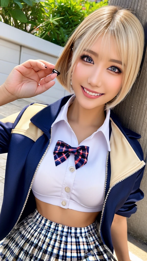 (masterpiece, Highest quality:1.2), 1girl, alone、

(Highest quality, 8K, 32k, Tabletop, Hmph:1.2), (Realistic:1.5), (Tabletop, 非常に詳細な CG Unity 8K 壁紙, Highest quality, expensivet resolution:1.2), (Super detailed, Hmph:1.2), (Cowboy Shot:1.3), break, (Wear a uniform, Navy jacket:1.3, White collared shirt:1.3, Checkered Pleated Skirt:1.3, White sneakers:1.3), Bright expression, Shiny brown black skin, Best Looks, ultimate beauty girl, break, (Platinum blonde hair with dazzling expensivelights, Layered Pixie Short Hair:1.5, Bright shiny hair, Silky straight hair, Beautiful sparkle), break, Sparkling, clear, Attractive blue eyes, Very beautiful and cute, Ample breasts, Tabletop, Highest quality, Capture the cutest moments, Written boundary depth, Super detailed, Ultra-high resolution, C4D, Octadale, 3D Modeling, 8K, 16K.,expensive_School_girl、(G-Cup, Fix your makeup:1.2, Mesugaki Smiles:1.5)