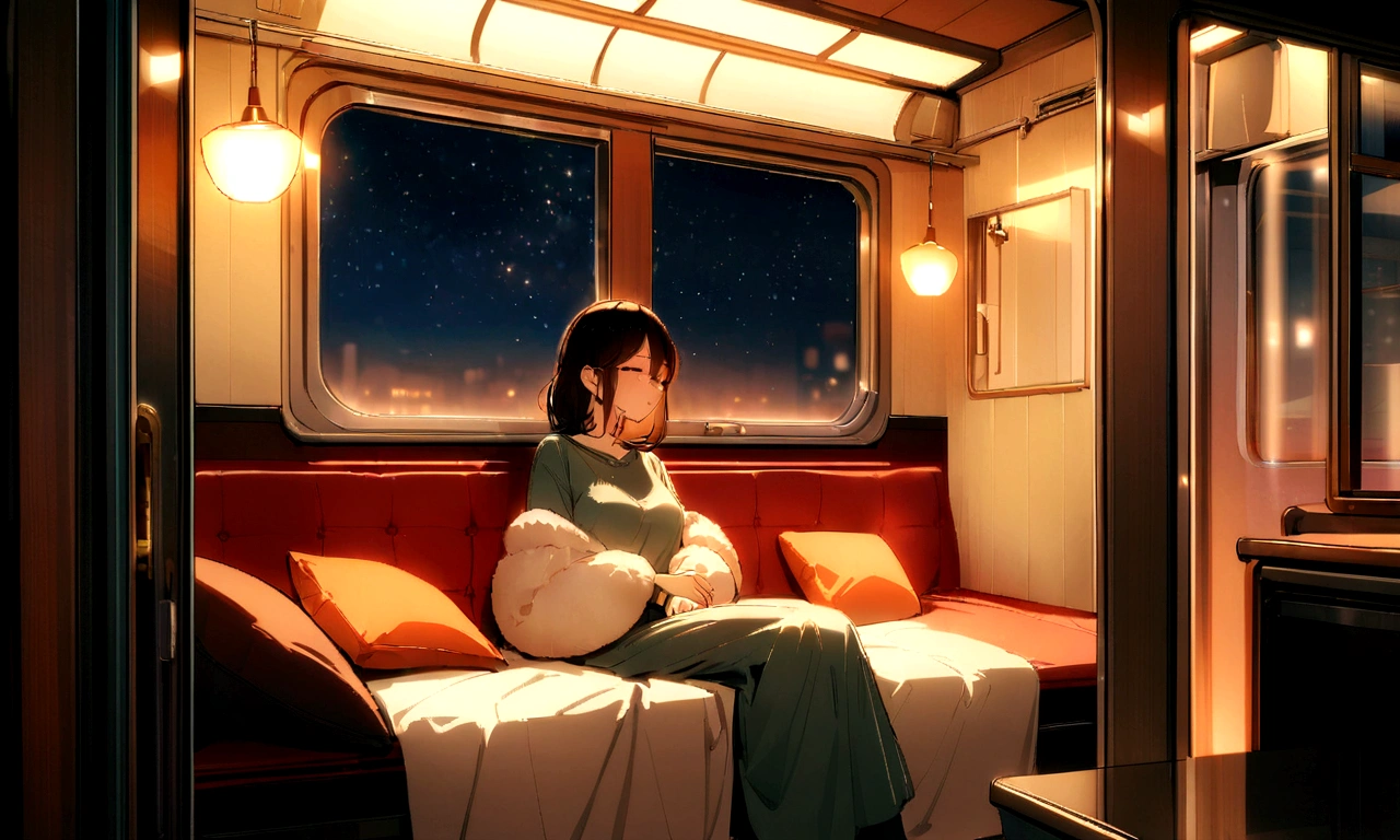 Woman sitting in a cozy room on a train, Comfortable bed, The window and the night outside, Dim orange light, It's dark outside,Starry sky outside、Very cozy room on the train.Trailer House、Sleepy woman