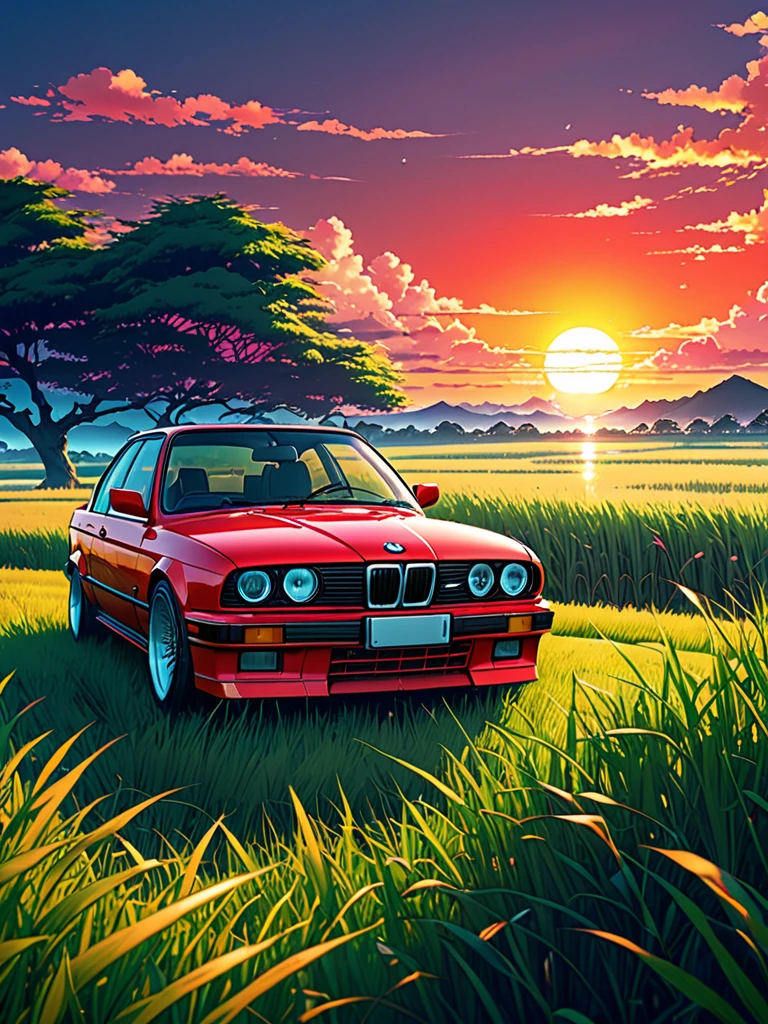 anime landscape of A pearl super sunny red classic 1993 BMW E30 318i sport sits in a field of tall grass with a sunset in the background.beautiful anime scene, beautiful anime peace scene, Makoto Shinkai Cyril Rolando, beautiful anime scene, amazing wallpaper, anime art wallpaper 8k, anime background, artistic anime background, anime wallpaper 4k, anime art 4k wallpaper, anime wallpaper art 4k,