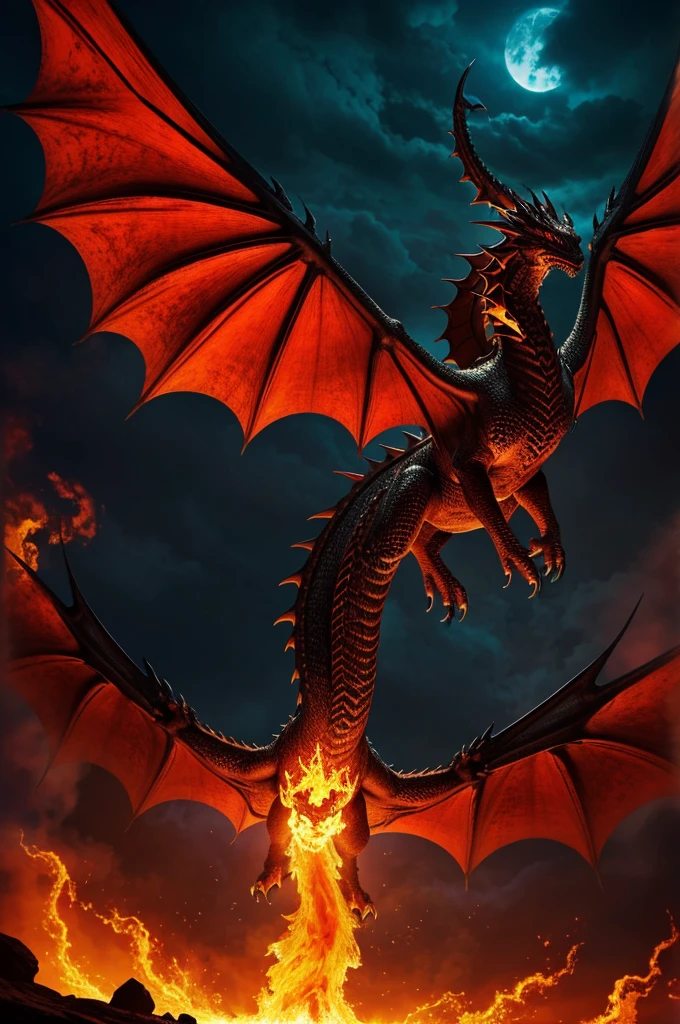 a dragon magnificent and fearsome creature with shimmering scales that reflect the colors of a blazing sunset. Its wings span wide, casting a shadow over the land, and its piercing eyes glow with an otherworldly intensity. With each breath, flames dance at the edge of its snout, ready to unleash its fiery breath upon any who dare to challenge its might. This dragon embodies power, majesty, and a hint of danger that captivates all who behold its awe-inspiring presence.