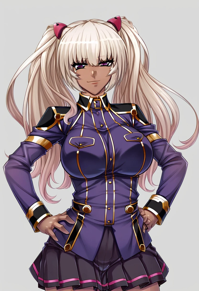 score_9, score_8_up, score_7_up, 
1girl, kila kushan, white hair, twintails, hair ornament, dark-skinned female, 
large breasts,
purple military uniform, long sleeves, black skirt, pleated skirt,

smile, narrowed eyes, looking at viewer,  hands on hips,

white background,