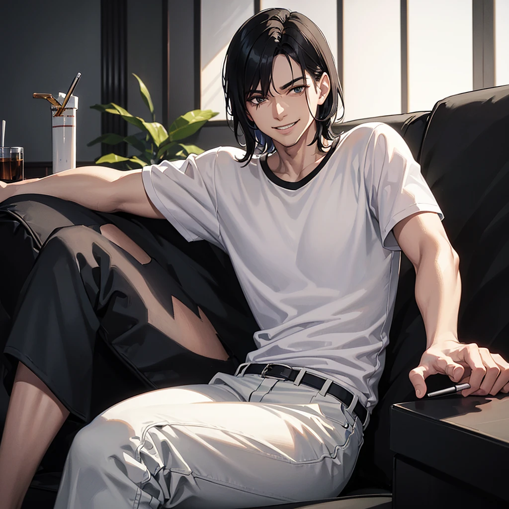 a grinning man, smoking cigarette, white short-sleeved t-shirt, black pants, black hair, sitting on sofa, legs raised on table, cigarette ashtray filled with cigarettes, photorealistic, 8k, highly detailed, studio lighting, cinematic atmosphere, warm lighting, contrasty, dynamic angle, dramatic pose