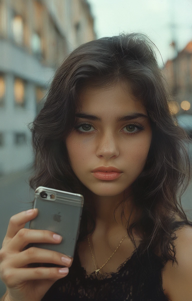 A 20 year old girl taking a selfie . black fur ,black eyes , mestiza .