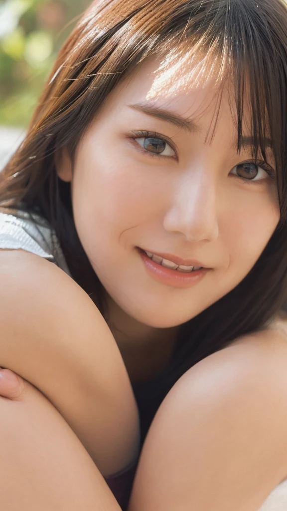 (((smile、Focus on the eyes:1.1、Extremely detailed:1.22、Ultra-high resolution、masterpiece:1.45、Highest quality)))、((((Whole body expression:1.68、camisole、Leaning forward、One person))))、long, straight black hair、So that every single hair is clearly visible、The subtle color changes of hair depending on how the light hits it、 Skin has a natural glow、Fine skin texture、Representing the fine details of pores:1.25、Details of the light redness on the forehead and cheeks、(((Eyes with fine iris details、The eyes depict color gradations and patterns.、Long, natural-looking eyelashes, each and every one visible、Well-groomed eyebrows、眉毛のindivual々The hair is clearly visible、Light reflecting off into the eye、The light in the eyes creates small highlights)))、The nose is delicate、Fine detail on the nostrils、Lips are plump and naturally pink、Depicts the fine lines and soft curves of the lips、lips are shiny and、The gloss on your lips accentuates their shape.、(((Detailed depiction of lip texture、Particular attention to the depiction of light and shadow、Soft natural light gently illuminates the face from the front、A faint glow on the forehead、A slight shine on the nose、A slight glow on the cheeks、Shadows are cast softly along the contours of the face、Accentuate the sides of your cheekbones、Accentuate the sides of the jawline、Emphasize the sides of the nose、The gloss on her lips reflects the light faintly、Lips emphasize the plump texture、The shadow of the hair gives depth and dimension、indivual々The hair shines in the light、